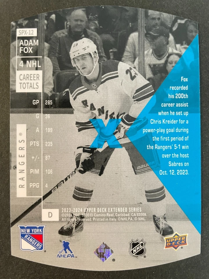 Adam FOX 2023-24 Upper Deck Extended Series Holoview SPx Retro #SPX-12 New York - Image 2 of 2