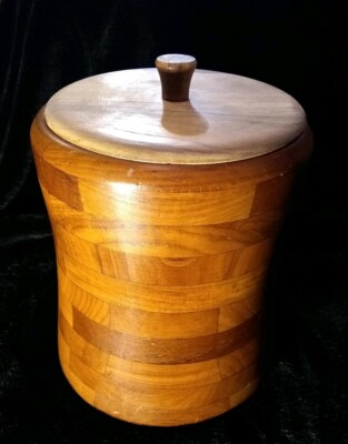Vintage Mid Century Modern Wood Cutting Block Board Style Ice Bucket With Lid