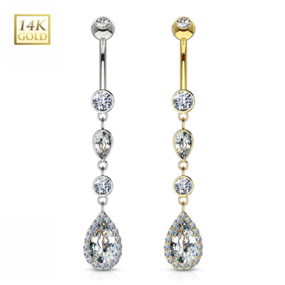 14K Gold Cascading Teardrop CZ Dangle Belly Button Ring Navel Piercing Jewelry