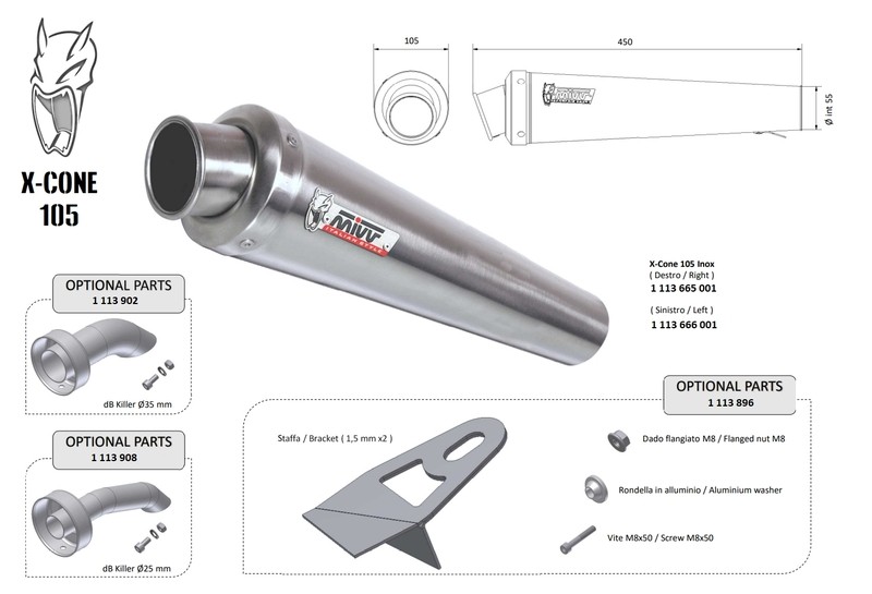Silencieux MIVV X-Cone 105 droit : échappement inox brossé conique pour moto