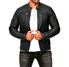 Men's Black Real Lambskin Leather Biker Jacket Cafe Racer Quilted Moto Coat