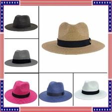 Men Women Straw Panama Hat Fedora Trilby Cuban Sun Cap Wide Brim Floral Summer