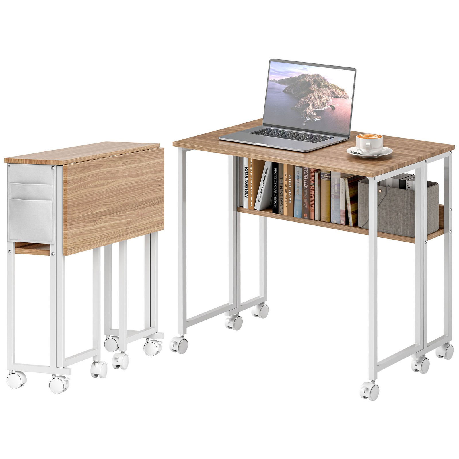 HOMCOM Small Folding Desk Foldable Computer Desk with Shelf Wheels Natural