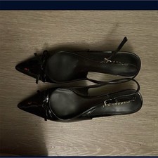 Black Patent Leather Slingback Kitten Heels Bow Buckle Pointed Toe Shoes