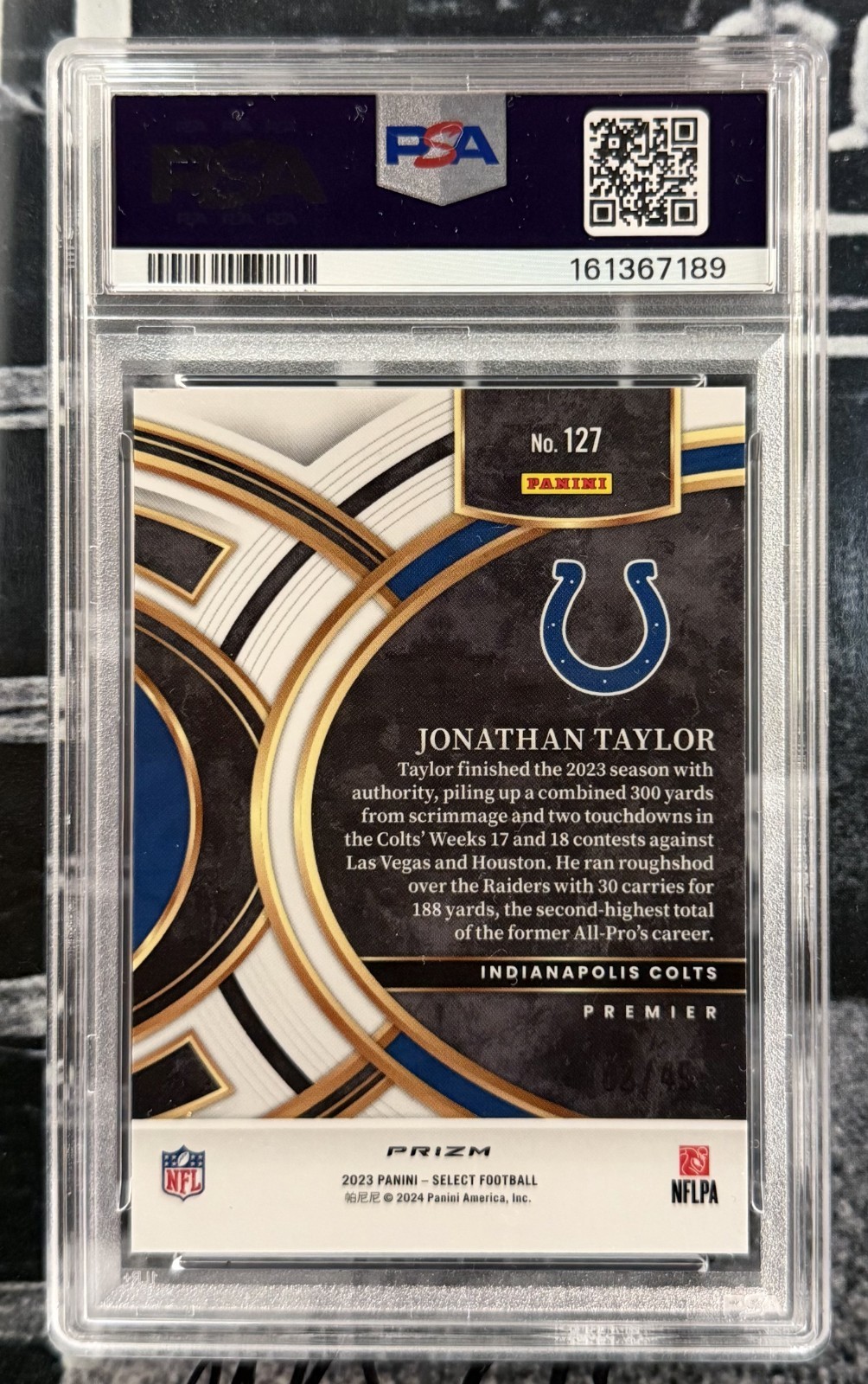 Jonathan Taylor - 2023 Panini Select Red Disco Prizm - #127 - /49 - PSA 10 view 2