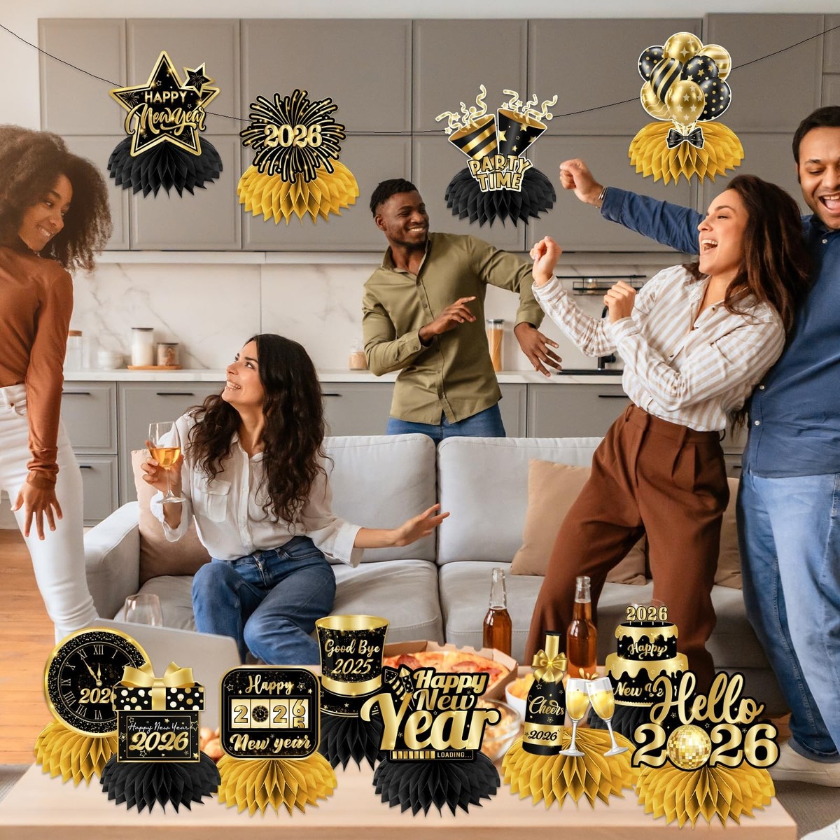 Happy New Year 2026 Honeycomb Centerpieces Black Gold 12 PCS Table