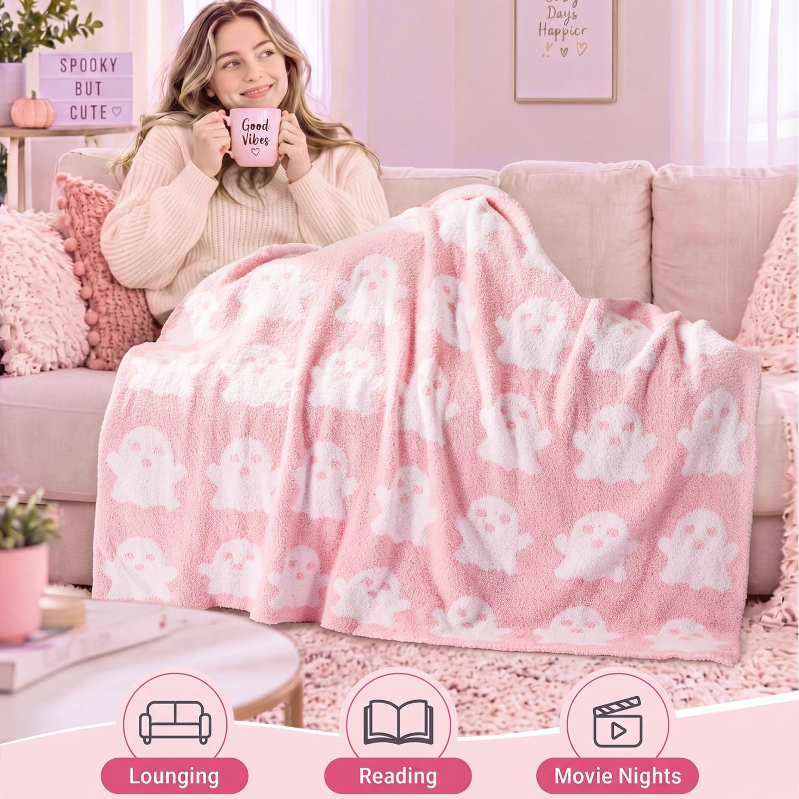 Pink Halloween Ghost Throw Blanket, 50'' x 60'' Soft Textured Plush ...