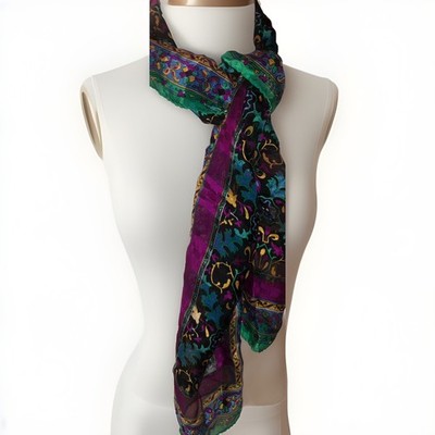Vtg Emily Daniell 100% Silk Scarf - Vibrant Jewel Tones- Made In Italy - 54X11''