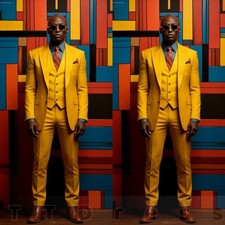 3 Piece Men Suit Fashion Bright Yellow Slim Fit Formal Blazer Vest Pants Wedding