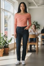 Ribbed Knit Top Off shoulder Long Sleeve Coral/Pink