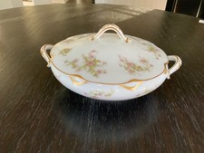 Haviland France Limoges Floral Pink Roses Gold Scalloped Round Covered Bowl