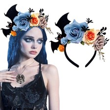 Halloween Bat Roses Flowers Crown Headband Gothic Ghost Bride Queen Hair Hoop...