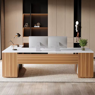 Capen Large L-Shaped Desk with Drawers, 86 In. White and Walnut L Executive Desk