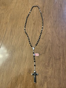 * Vintage Black Beaded Catholic Rosary Crucifix Cross Necklace * Made In Italy *