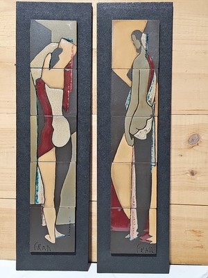 Rare Pair MCM 1960s Abstract Nudes Woman Tile Art Signed ''Fran'' Williams Wagner