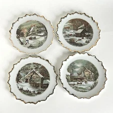 4 Currier and Ives Decorative 7 Inch Plates Winter Farmhouse Homestead Scenes