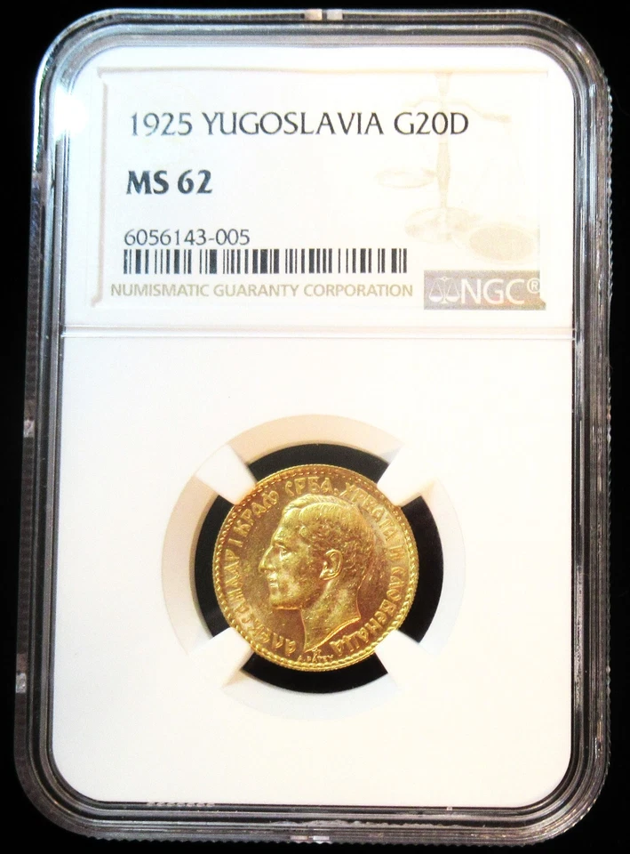 Yugoslavia: Alejandro I oro 20 Dinara 1925 MS62 NGC, KM7. Foto 3 de 4