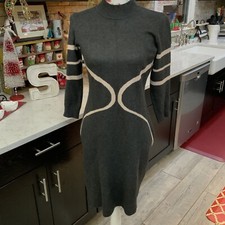 Danny & Nicole Gray & Cream Knit Sweater Dress Knee Length Sz Medium 3/4 Sleeve