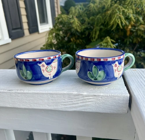 Pair of Vintage Solimene Vietri Italy Navy Blue Bird Chicken Coffee/Tea Cups