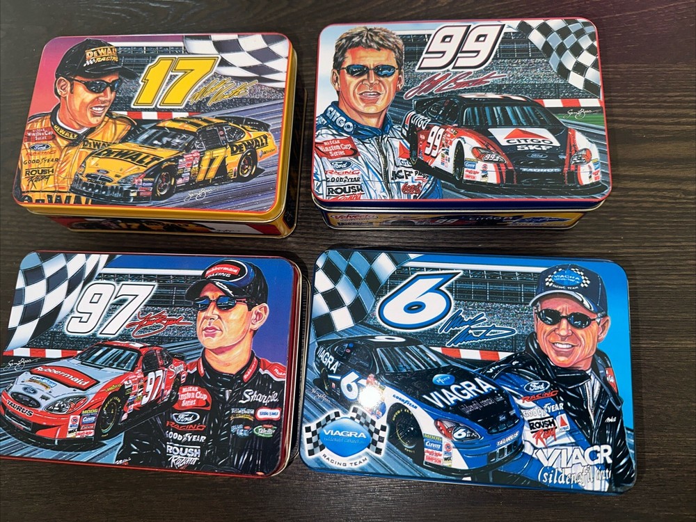 2 NASCAR Collector Cars, 4  Tins #97 Busch, #6 Martin, #99 Bass, #17 Kenseth