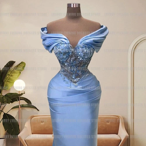 Luxury Off Shoulder Evening Dresses Woman Sexy Satin Formal Sparkle Prom Gowns - Picture 3 of 9