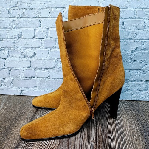 VTG Golden Tan Leather Suede Fringe Boots Boho Hippie Cowgirl Western 90s US 9.5 - Picture 9 of 12