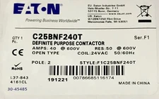 EATON C25BNF240T 2 Pole 24 VAC 40 AMP Definite Purpose Contactor 