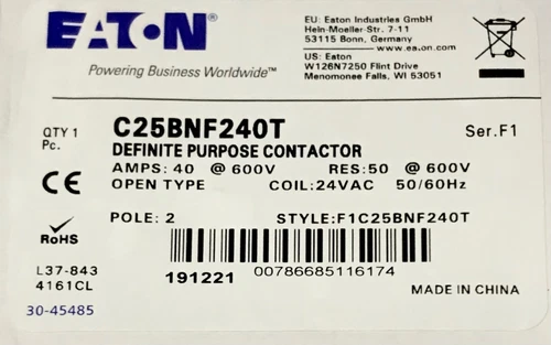 EATON C25BNF240T 2 Pole 24 VAC 40 AMP Definite Purpose Contactor