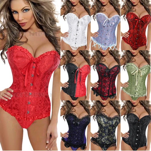 Overbust Boned Corset Basque Tops Lace-Up Costume UK 6/8/10/12/14/16/18/20/22/24 - Picture 1 of 34