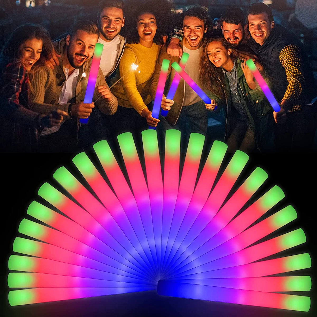 50 Pcs/Pack 16 LED Foam Glow Sticks, 3 Modes Flashing Multicolor Light up  Baton