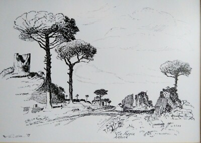 VIA APPIA ANTICA Italian Fine ART Ink Drawing The Appian Way Italy 1971 Signed