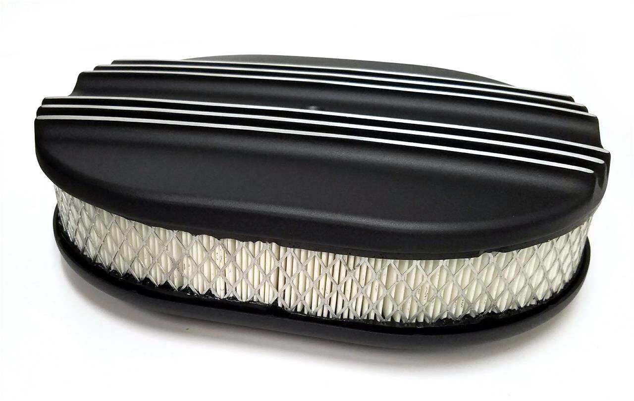 12 Inch Black Aluminum Retro Finned Oval Air Cleaner - Nostalgia Style For Street Rods & Customs