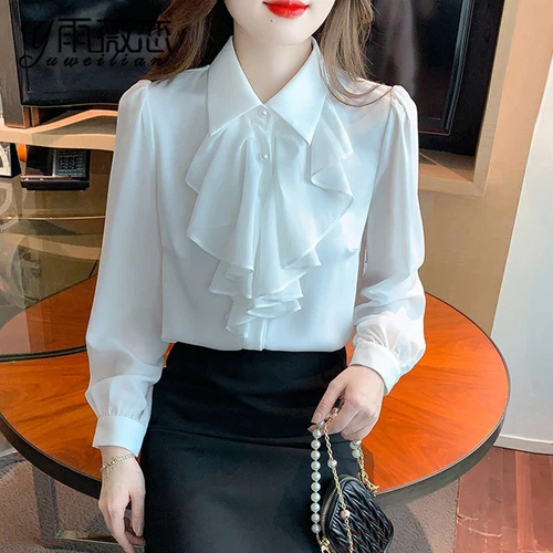 Women Chiffon Ruffle Blouse Long Sleeve Shirt Button Down Office Summer Top - Picture 3 of 8