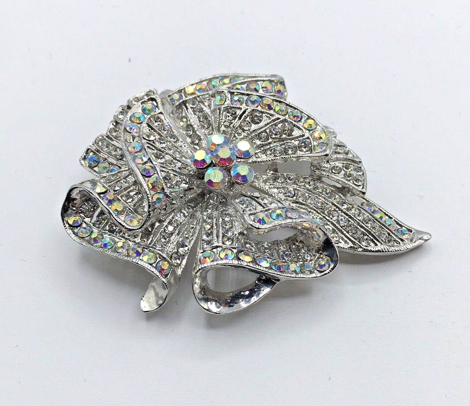 Large Scroll Ribbon Waterfall Silver Tone Clear R… - image 2