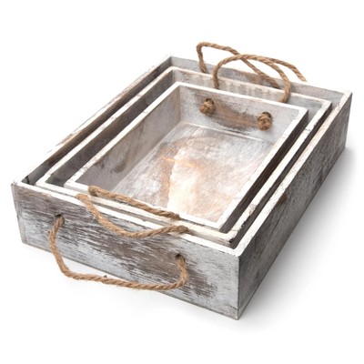 (3 pack) Cousin DIY Rustic Wooden White Wash Rectangular Nested Tray Set, 3 Piec