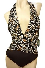 NWT Antonio Melani Swimwear One-Piece Halter MEDIUM Animal Top w Brown Bottom