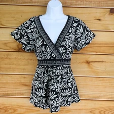 Apt. 9 Blouse Womens Size M Black Floral Stretch Waist Tie V-Neck Short Sleeves