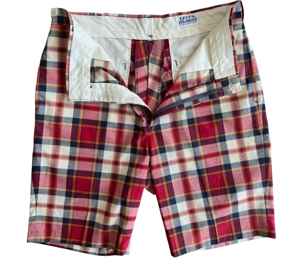 VTG Levi's Sta-Prest Mens 31" Waist Plaid Shorts Red Blue Orange White Retro 60s - Image 2 of 4