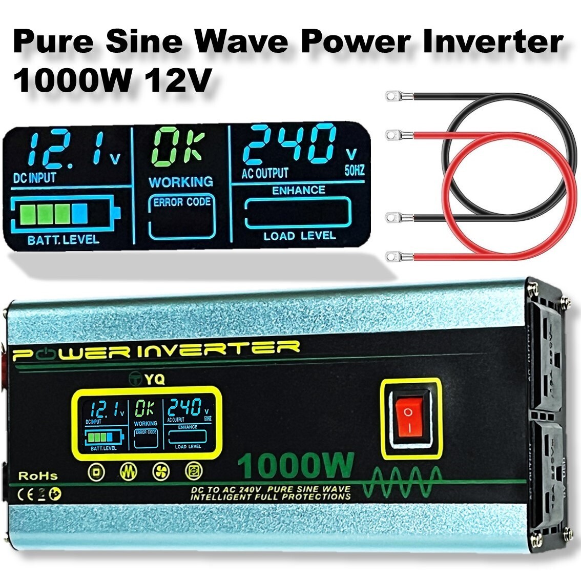 YQ Pure Sine Wave Power Inverter 12V to 240V 1000W 2000W Car Converter LCD USB