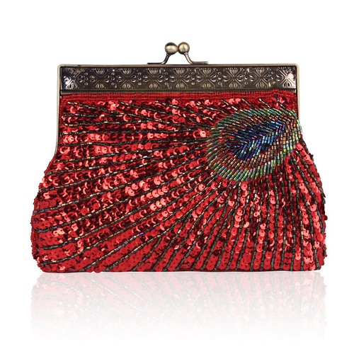 Women Sequin Beaded Evening Bag Vintage Peacock Clutch Bag Wedding Party Handbag - Picture 44 of 51