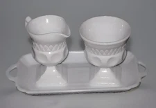 Vintage MILK GLASS Sugar Bowl, Creamer, Tray DIAMOND THUMBPRINT Colony
