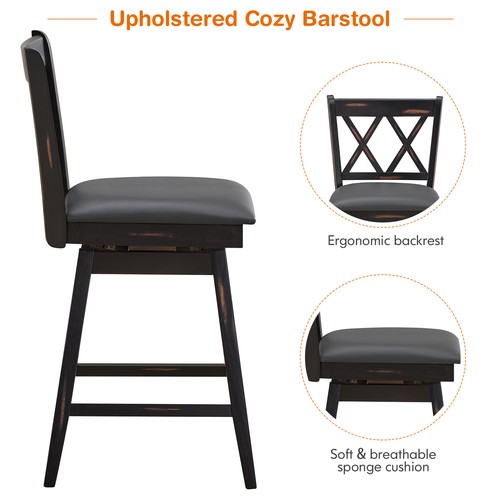 Costway Set of 2 Barstools Swivel Counter Height Chairs w/Rubber Wood Legs Black - Picture 7 of 11