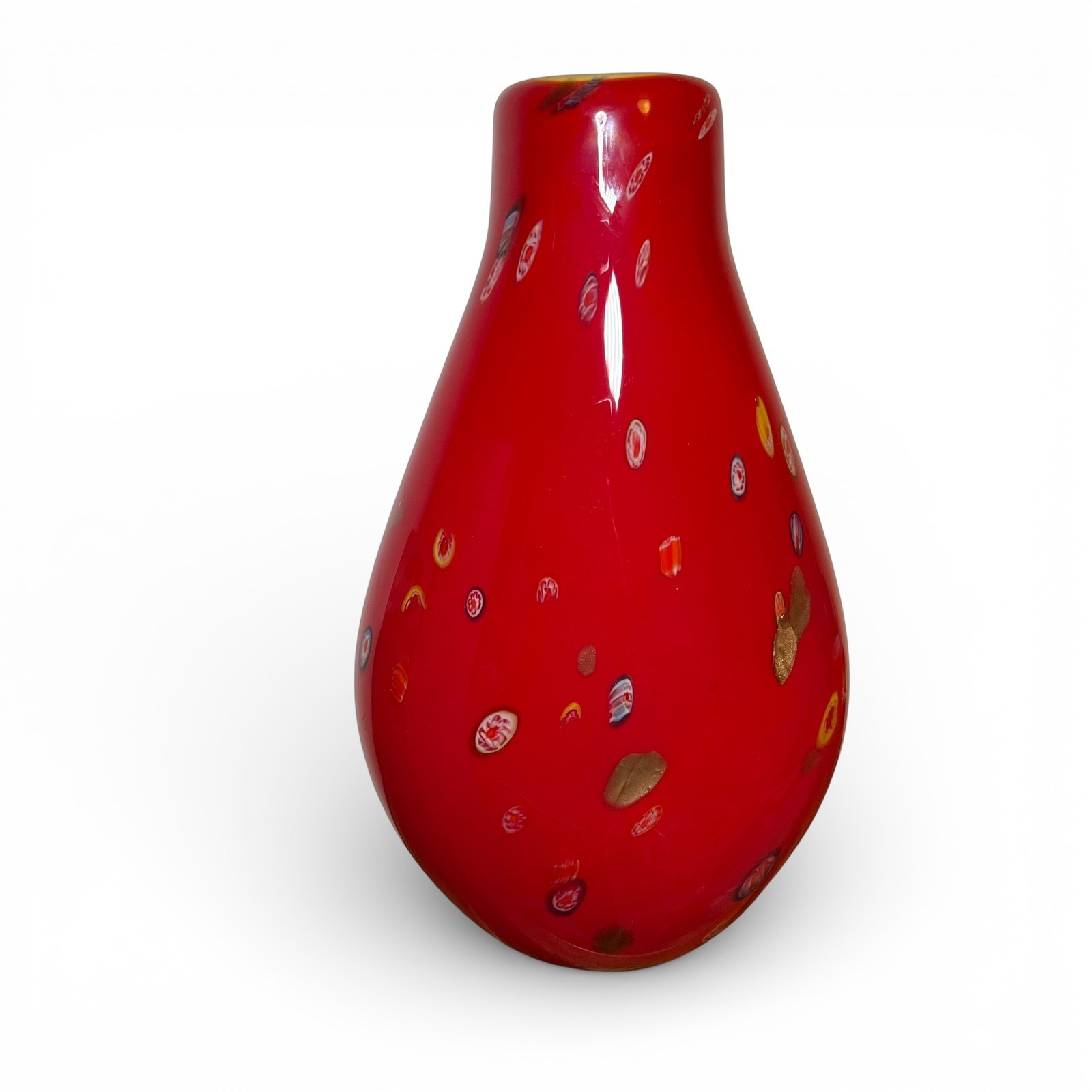 Large Vintage Murano Red Millefiori Art Glass Vase Hand Blown Italy 31cm