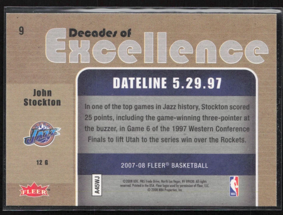 2007-08 Fleer #9 John Stockton Decades of Excellence Utah Jazz - Image 2 of 2