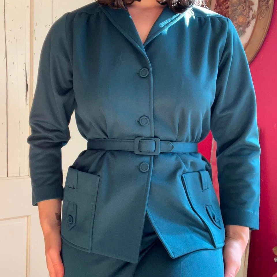 Vintage 1970s That Girl Emerald Green Mod Monochrome Pants Suit Set Size XS/S - Image 2 of 4