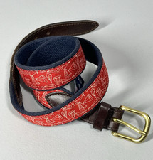 Vineyard Vines Ribbon Canvas Belt 30 Sailboats Red Brown Leather Brass Buckle