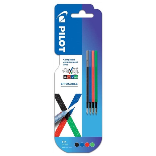 Pilot Frixion Ball 4 Couleurs – Stylo à Bille Effaçable 0.5 Mm Noir + Recharge – Écriture Noire, Bleue, Rouge, Verte