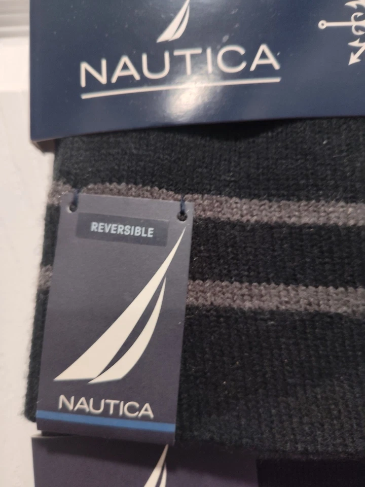 Juego de 2 gorras y bufandas de punto con logotipo NAUTICA reversibles negras y grises nuevas precio de venta sugerido por el fabricante $55 Foto 4 de 4