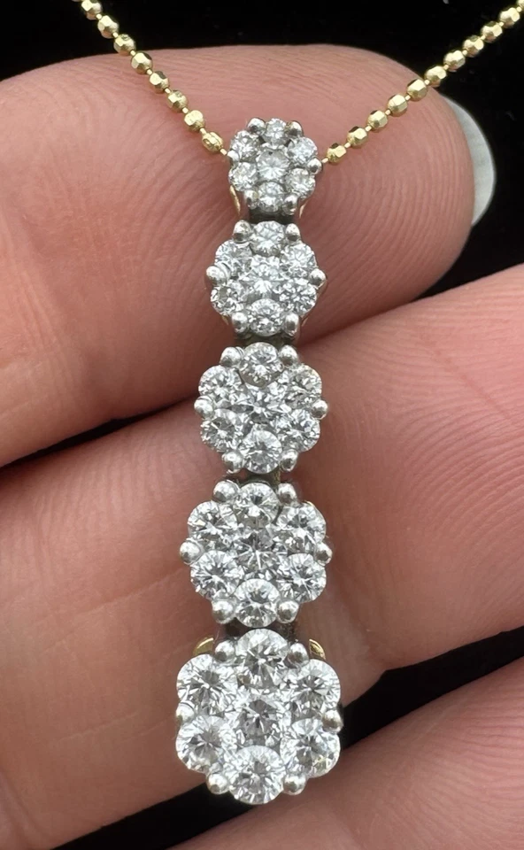 14K GOLD GENUINE NATURAL 1.00 CTW DIAMOND CLUSTER PENDANT  14K 16" NECKLACE NICE - Image 2 of 4