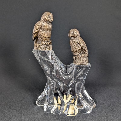 Vinardi Owls Couple Lead Crystal and Bronze Sculpture 1982 Numbered